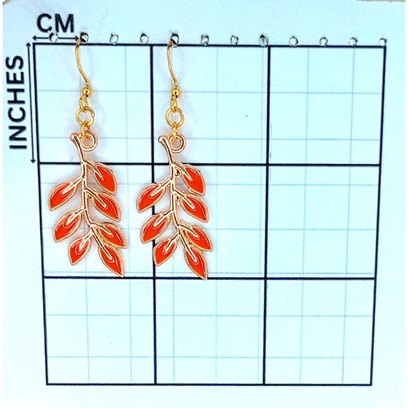 Orange leaf branch dangle earrings — fall autumn jewelry - Picture 3 of 4